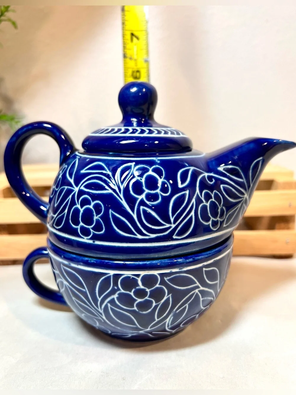 💥3/$50 Jaipur Blue Vintage Pottery Flowers Desert Sands Teapot w Stackable Cup